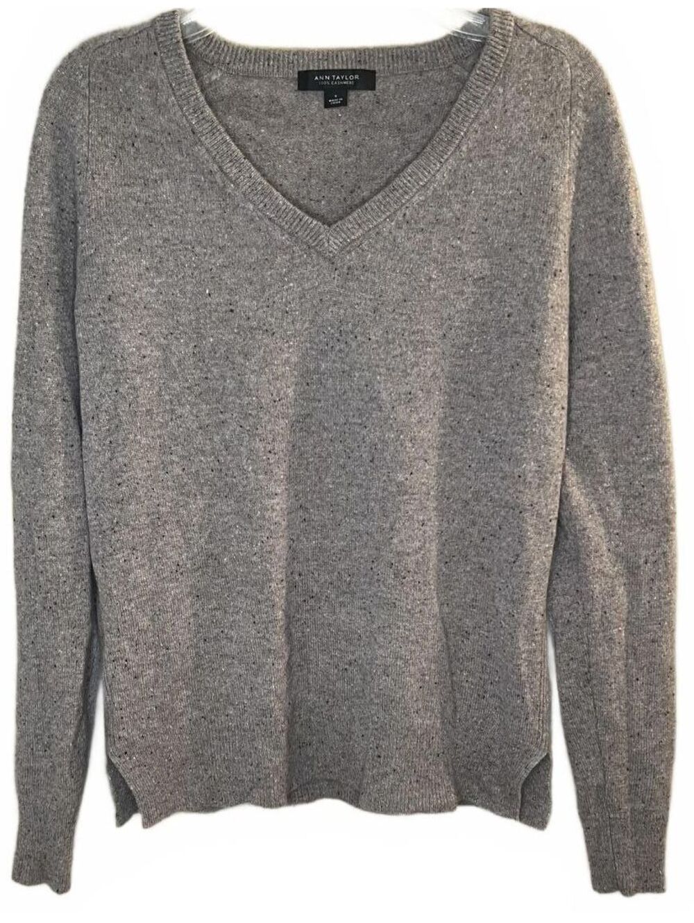 Ann Taylor 100% Cashmere V Neck Sweater Gray Speckled Pullover Small Neutral